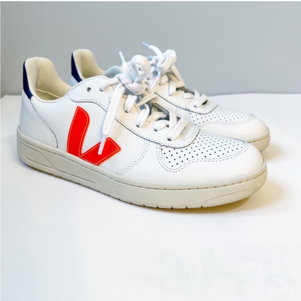 Veja V-10 Leather Lace Up Sneakers White Fluorescent Orange and Navy Siz…